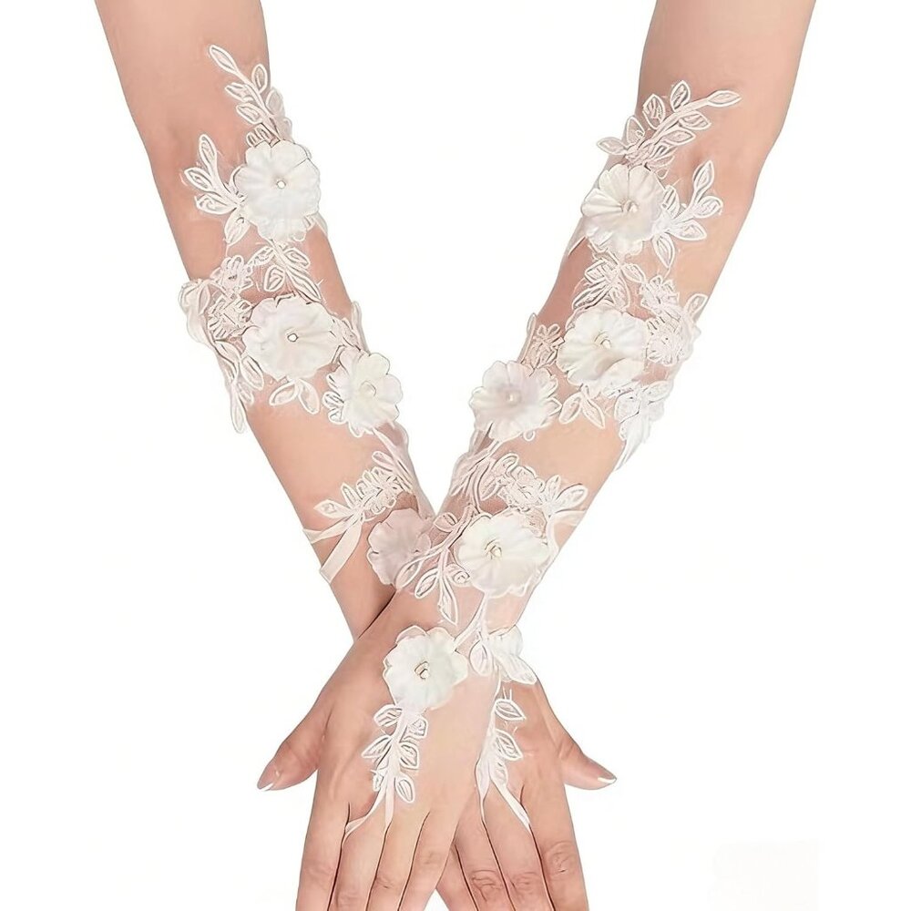 Women's Off-White Rhinestone Crochet Gloves Formal Event Bridal Weddings Parties